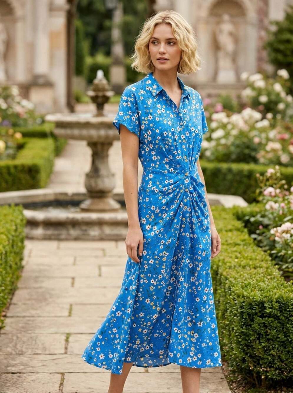NWT KOJOOIN Blue Floral Ruched Bodycon Midi Shirt Dress